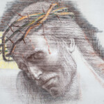 studio per il volto del Cristo nel pannello della Redenzione. Disegno a matita e pastelli su cartoncino, 1985, cm 80 x 66