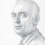 autoritratto, studio per scena della “Chiesa itinerante” nel pannello della Redenzione. Disegno a matita su cartoncino, 22 ottobre 1988, cm 40 x 50