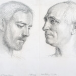 studio per i volti del Cristo e di S. Pietro nella scena della Chiamata di Pietro per il pannello della Redenzione. Disegno a matita su cartoncino, 1986, cm 35 x 50 ciascuno