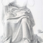 studio del manto della Madonna nella scena della Pentecoste per il pannello della Redenzione. Disegno a matita su cartoncino, 1987, cm 50 x 70