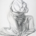 Studio panneggio per discepolo nella scena della Pentecoste nel pannello della Redenzione, Disegno a matita su cartoncino, 1987, cm 50 x 70