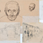 nella parte superiore “nonno Luigi” e autoritratto, disegni a matita e china eseguiti nel rifugio durante la guerra, 1944, nella parte inferiore sinistra disegno a matita su carta della Piazza di Riolo il giorno della Liberazione con minuziosa descrizione dell'avvenimento, 1945, cm 20 x 15. Nella parte destra, Corso Vittorio Emanuele, ora Matteotti”. (A sinistra la piccola bottega di ferramenta del padre Enrico colpita dalle bombe), disegno a matita su carta, 1945, cm 20 x 15